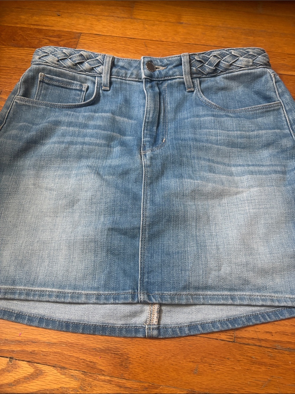 L'AGENCE Light Blue Braided-Waist Denim Mini Skirt
